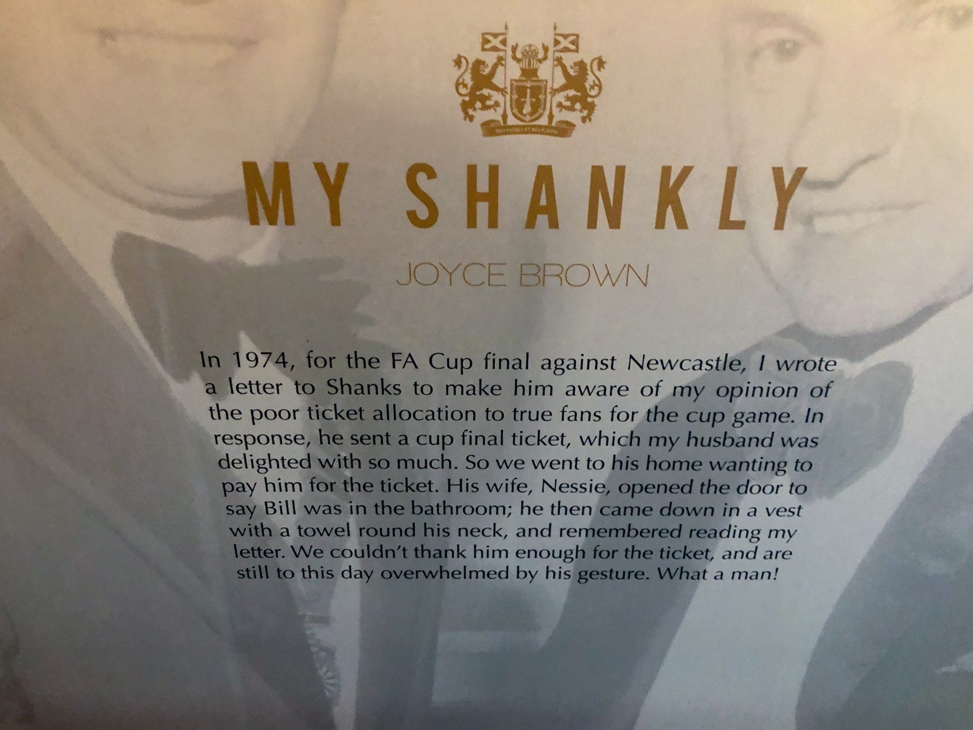 Artwork on the ceiling of a room in the Shankly Hotel in Liverpool. Quote by Joyce Brown about a Newcastle match in 1974