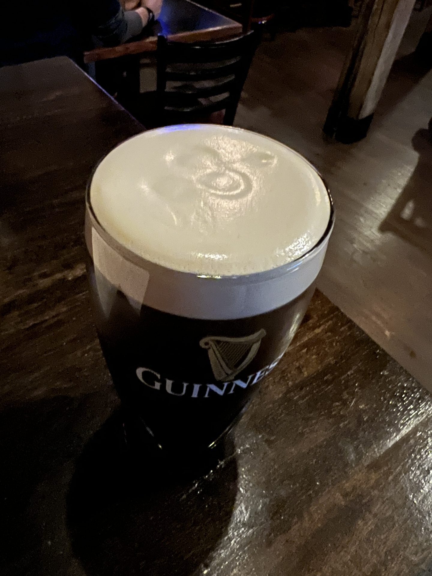 Guinness beer with art design in foam from Owl N' Thistle